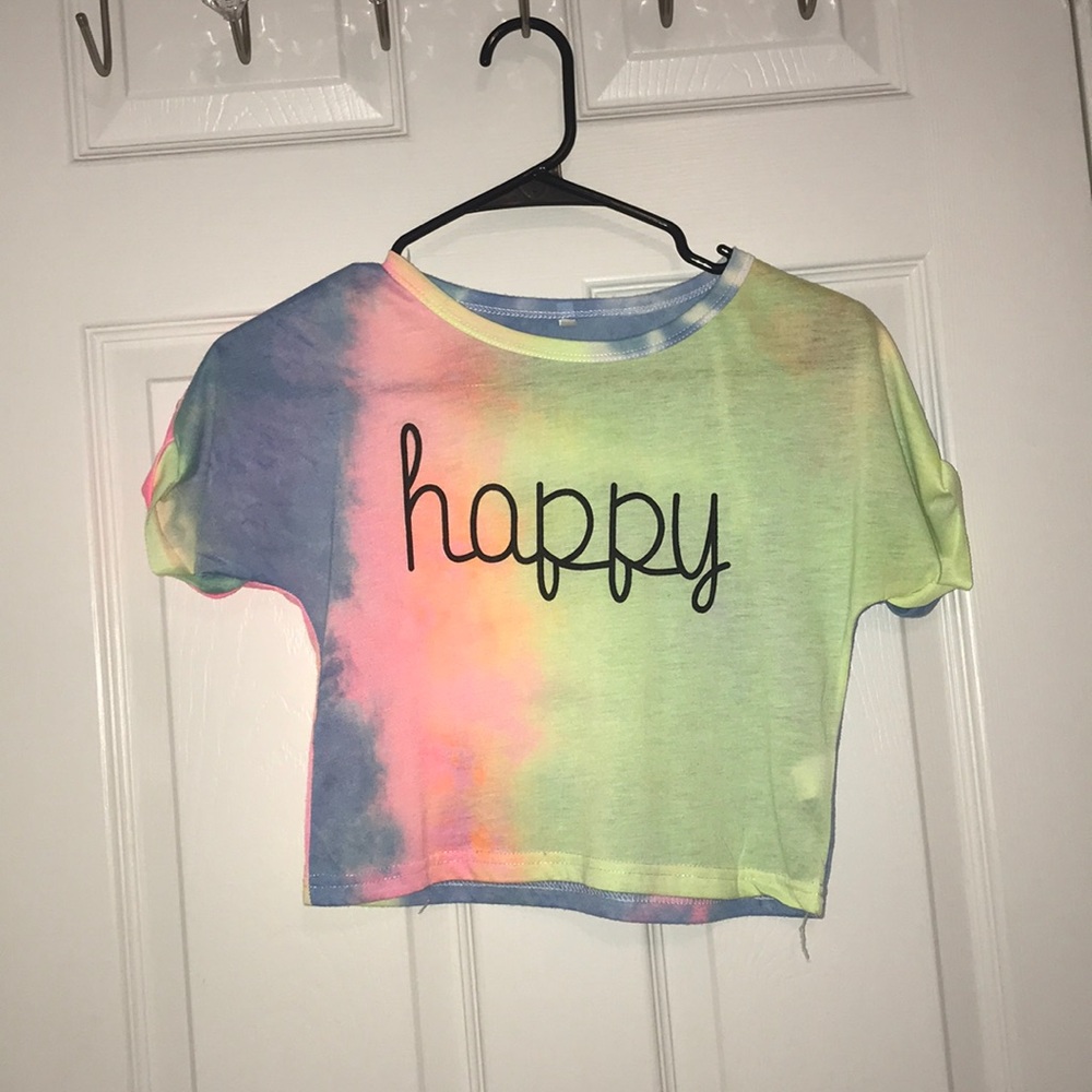 Tye dye ‘happy’ see through crop top shirt